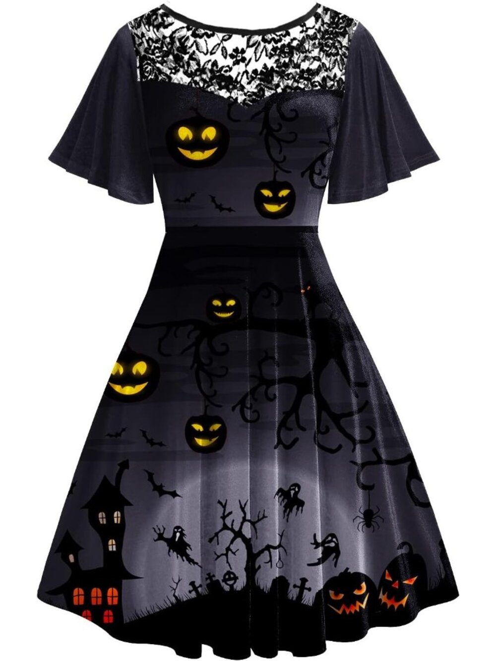 Women's Pumpkin Dark Halloween Dress Lace Flutter Sleeve A-Line Party Dresses